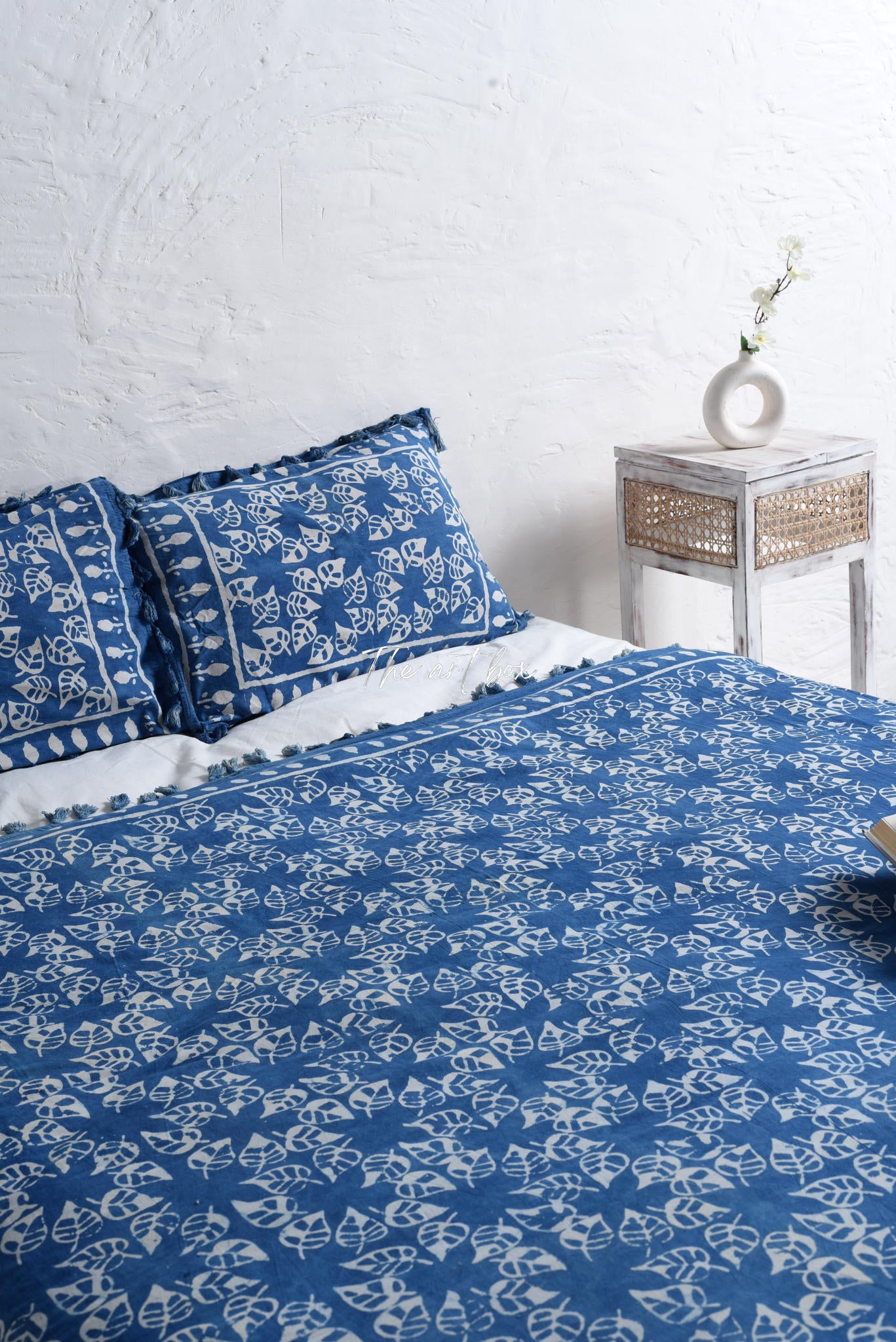 Indigo Leaf Block Printed Duvet Cover and Pillow Set