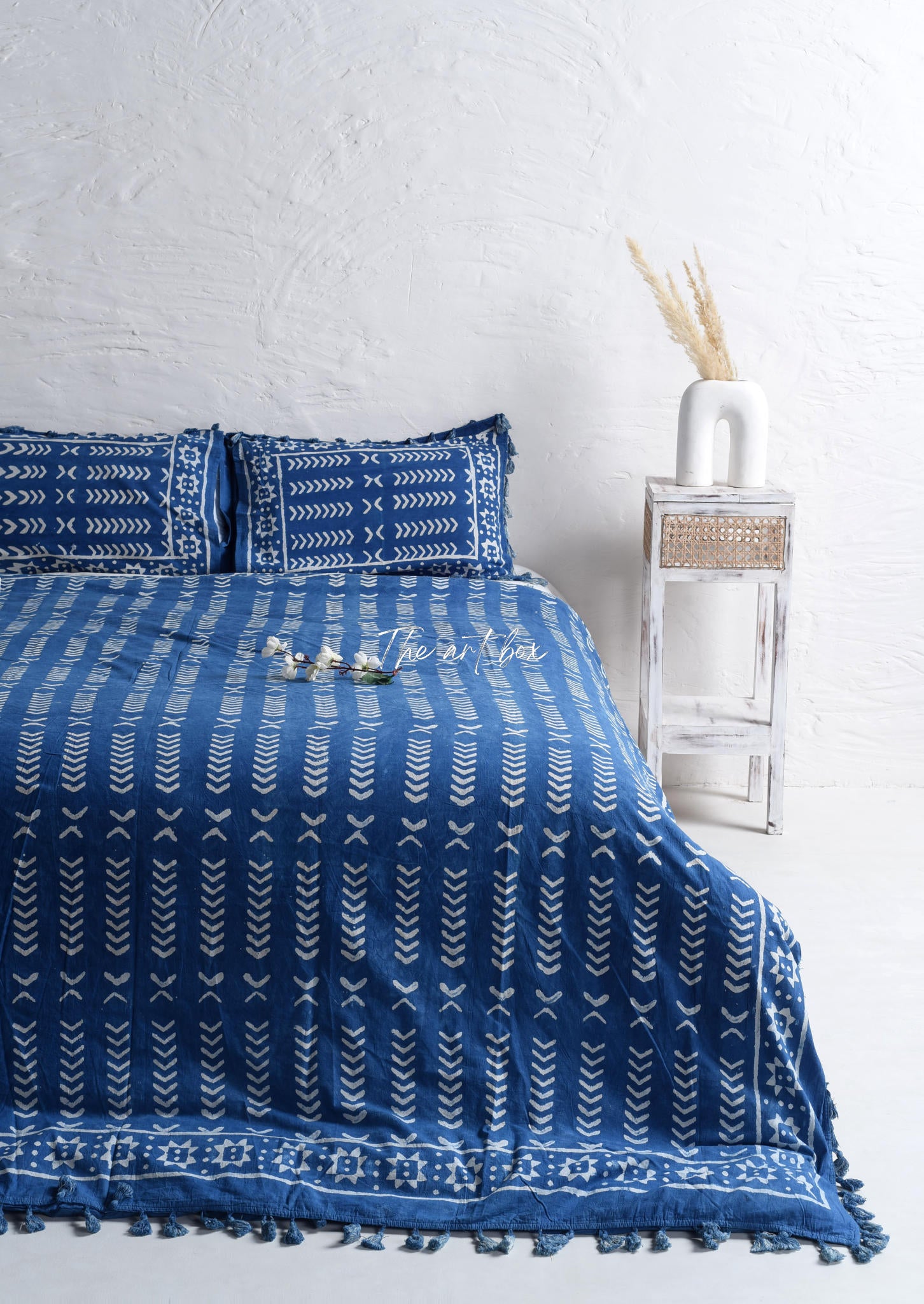 Indigo Stone Washed Block Printed Duvet Cover and Pillow Set