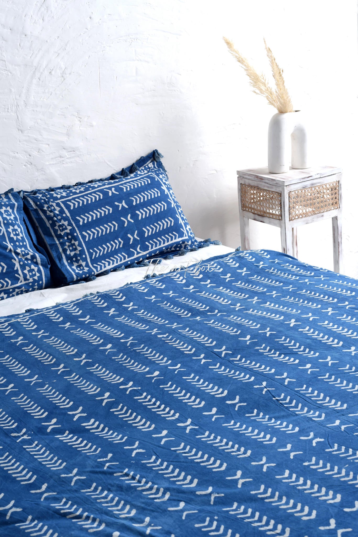 Indigo Stone Washed Block Printed Duvet Cover and Pillow Set