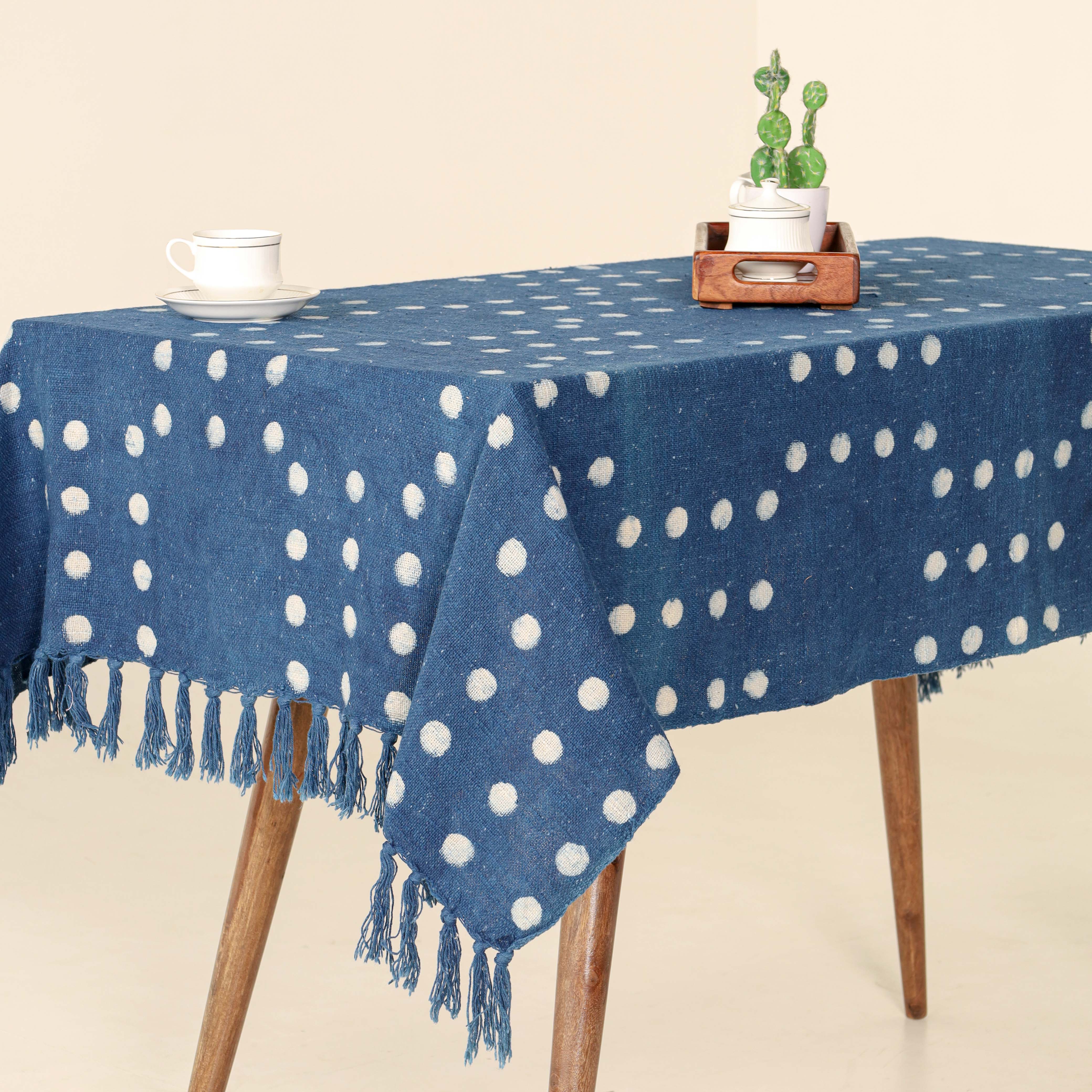 Blue White Dotted Cotton Tablecloth