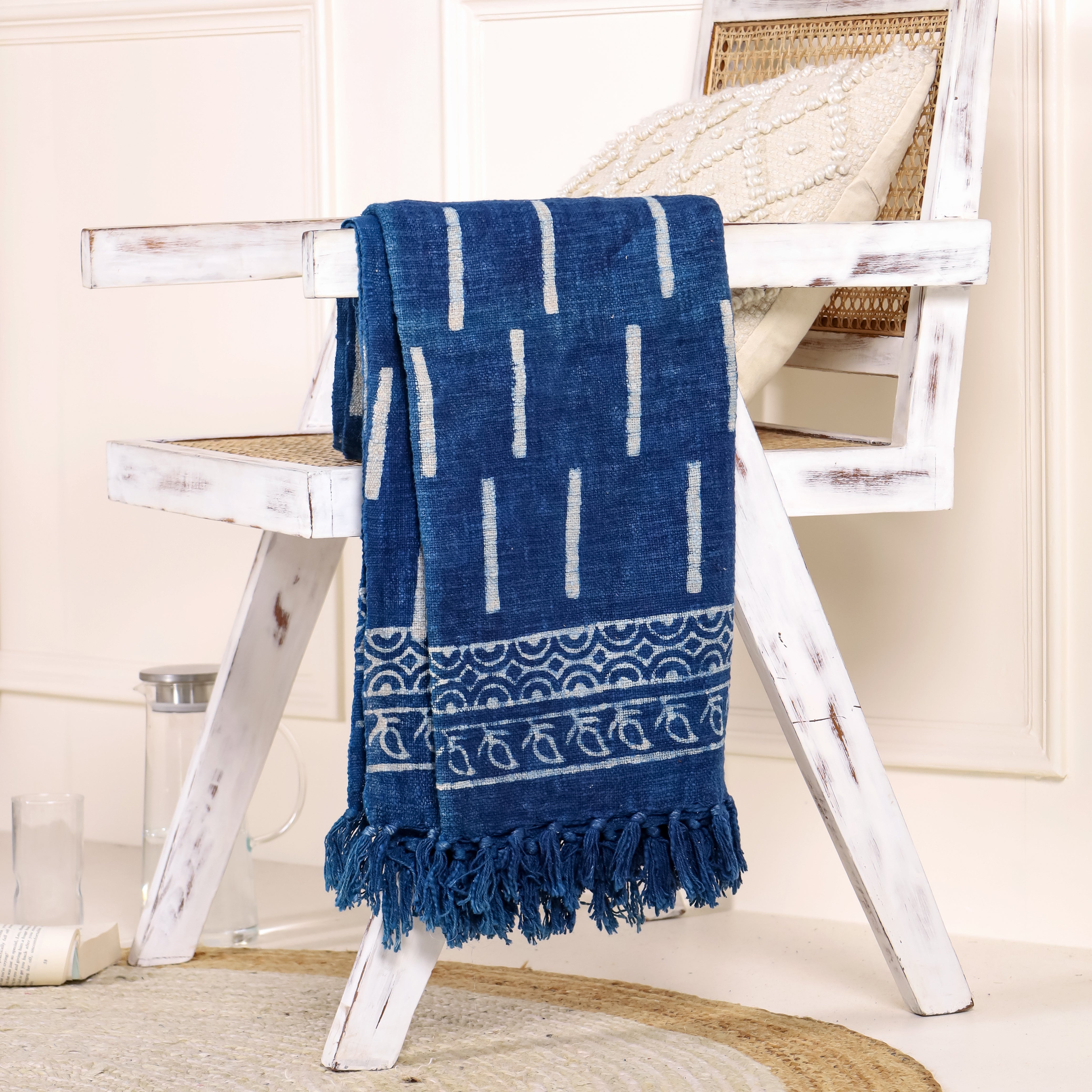 Fringed Indigo Print Throw