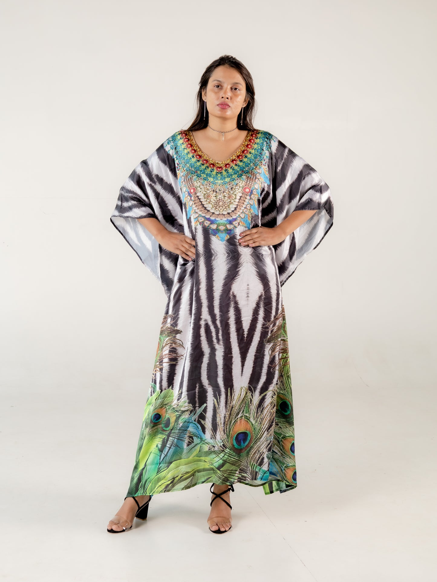 Peacock Print Kaftan Dresses for Women Long Kaftan