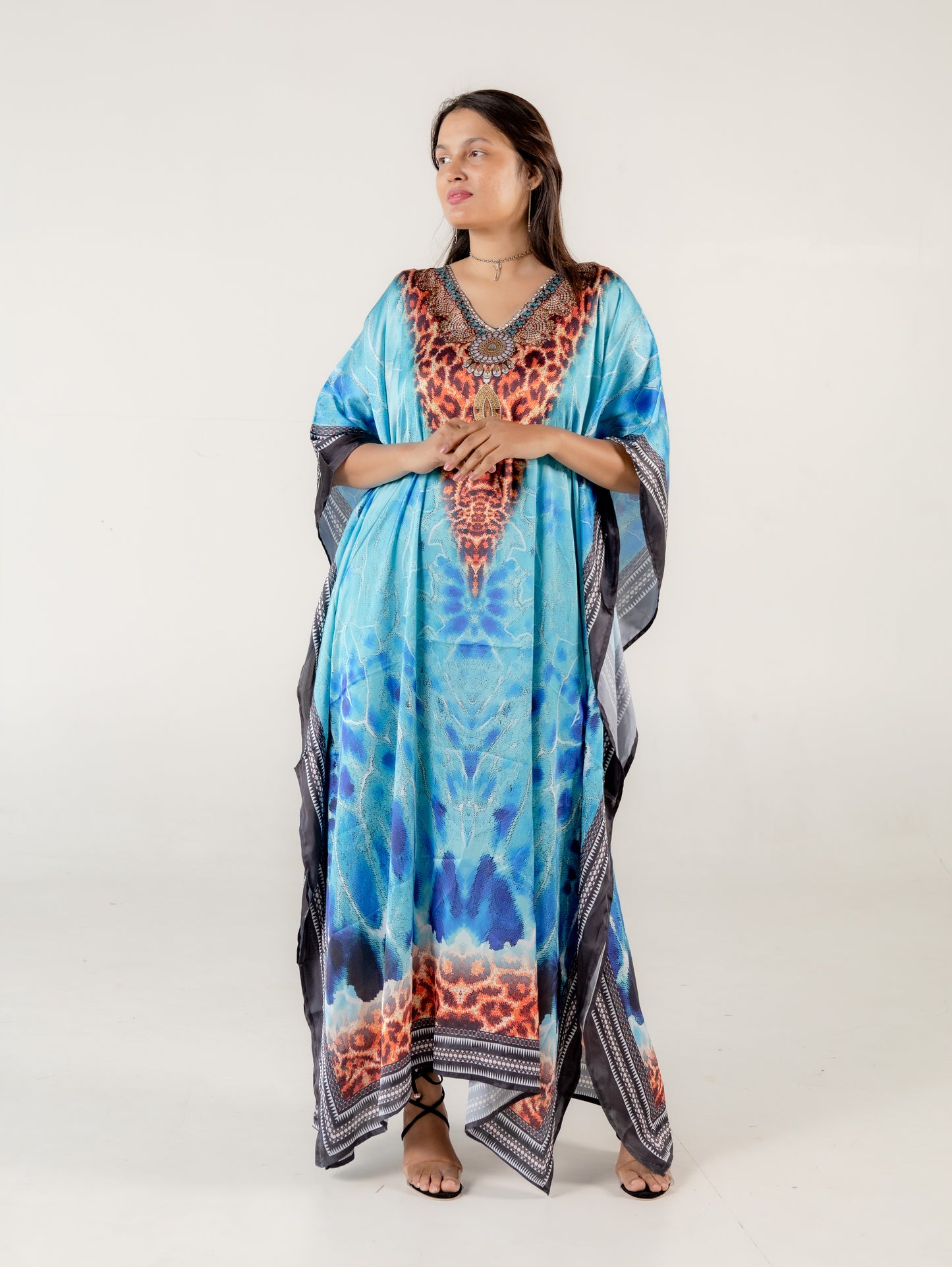 Blue Aladin Print Kaftan Dresses for Women Long Kaftan