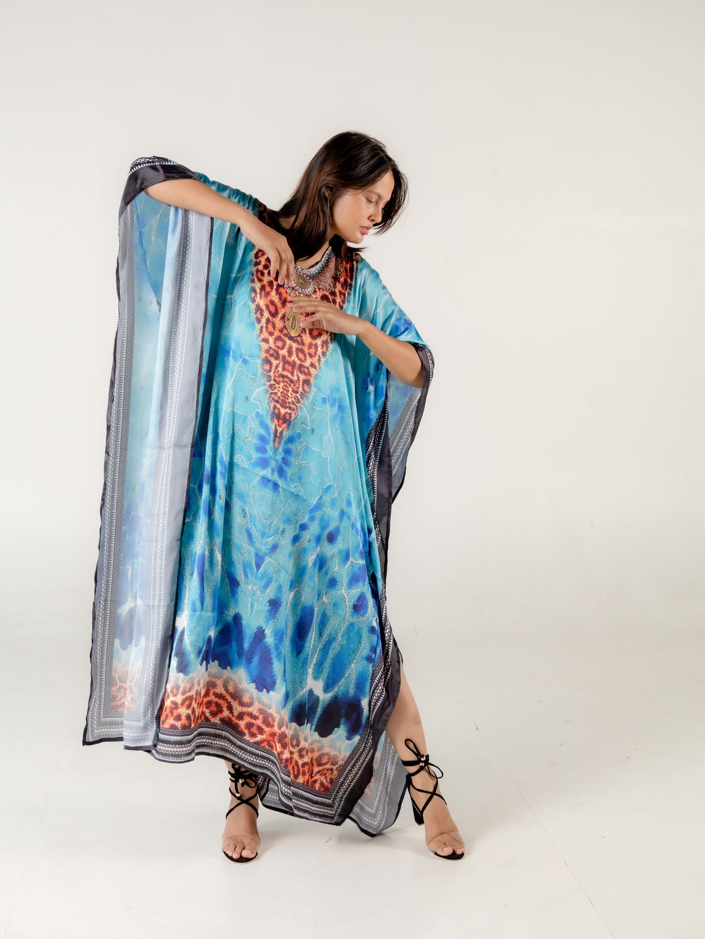 Blue Aladin Print Kaftan Dresses for Women Long Kaftan