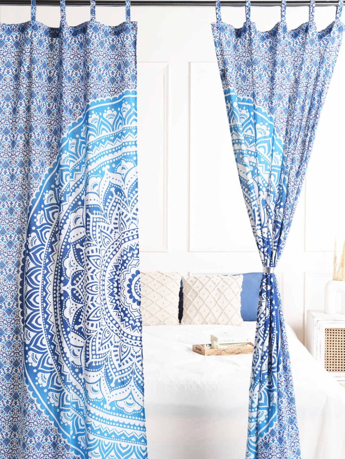 Sea Blue Lotus Pure Cotton Mandala Curtains - 2 Panel Set