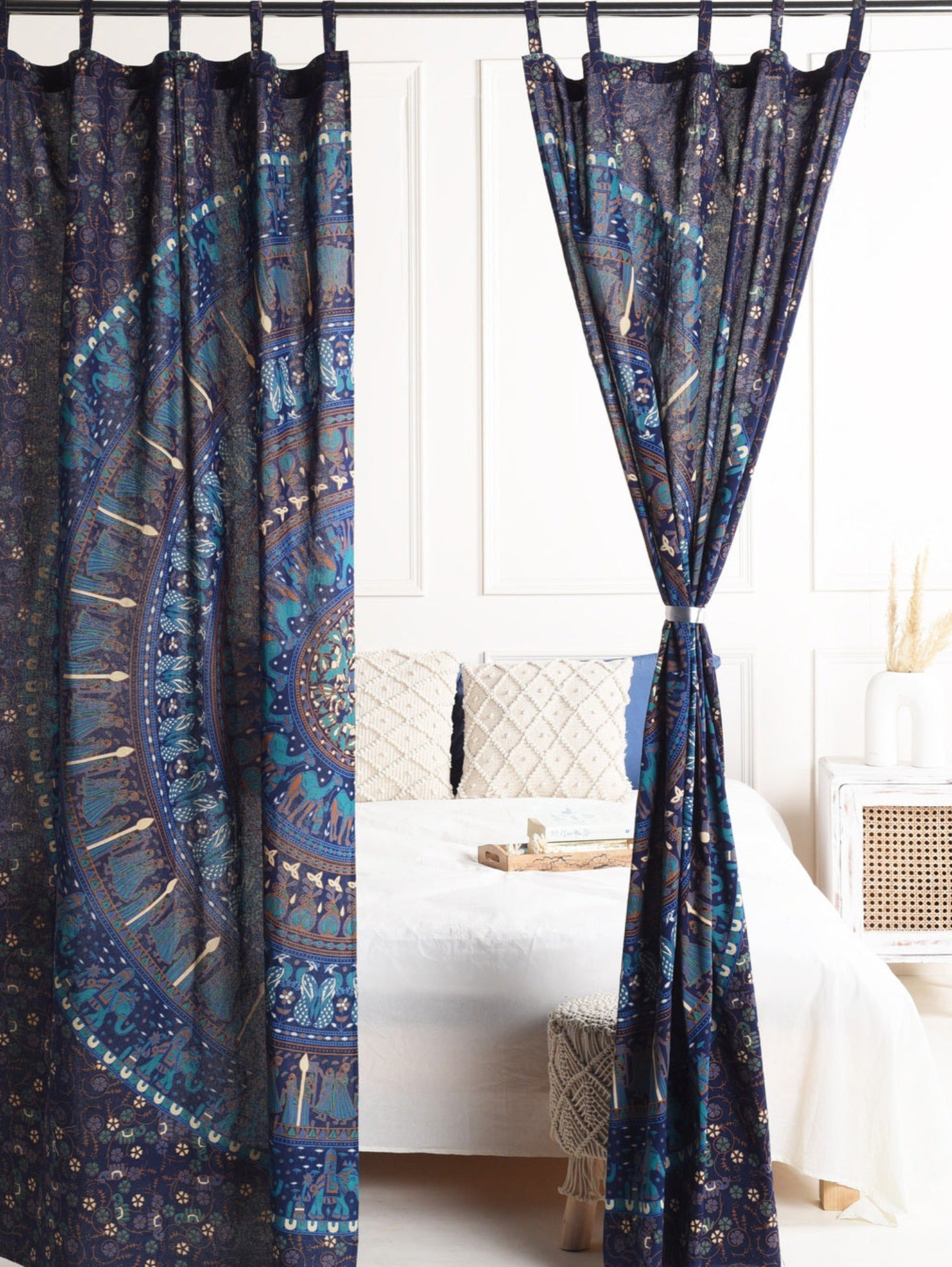 Bright Blue Camel Pure Cotton Mandala Curtains - 2 Panel Set