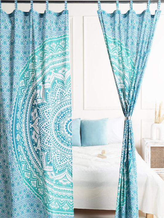 Turquoise Blue Lotus Pure Cotton Mandala Curtains - 2 Panel Set