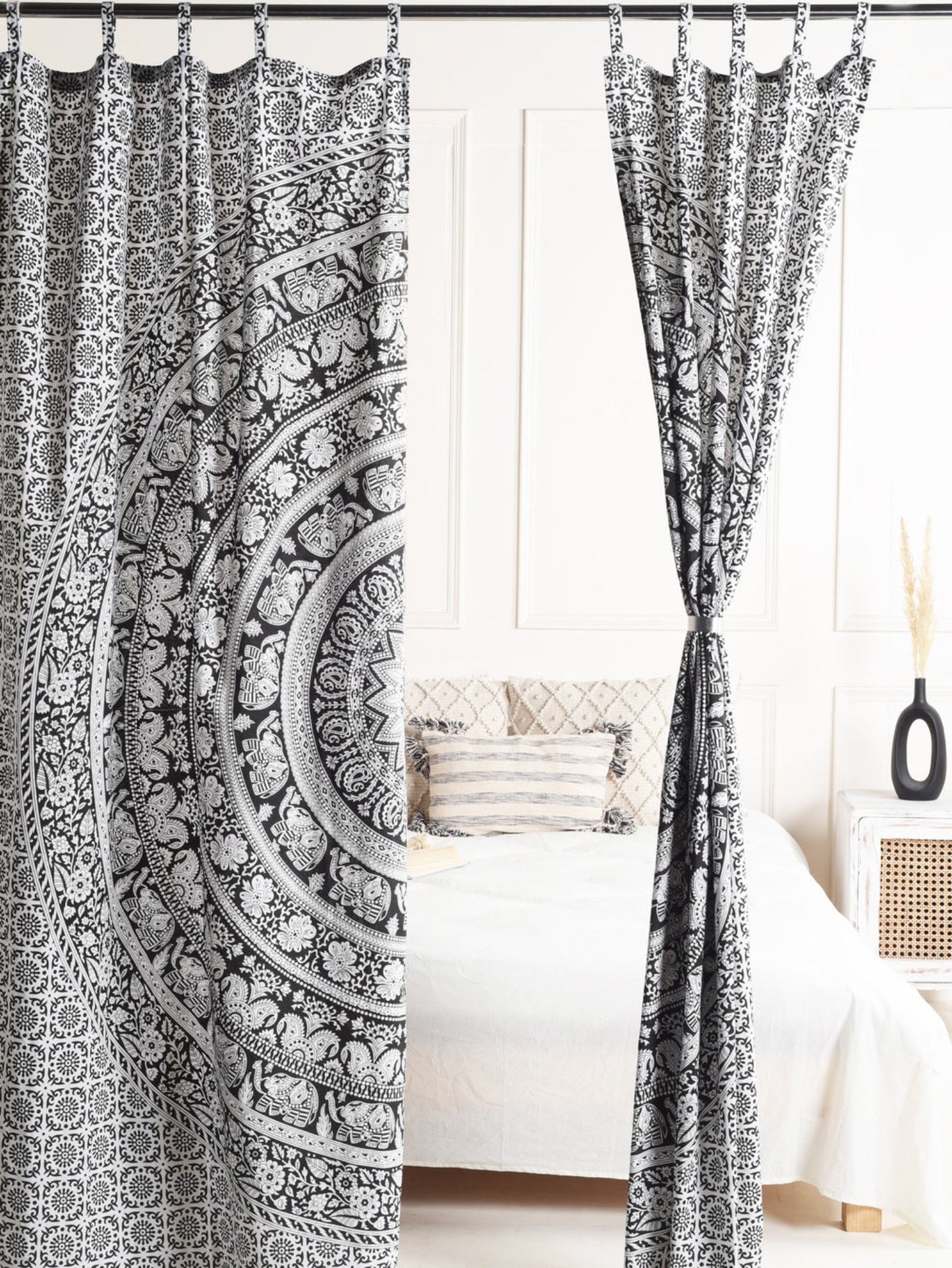 White and Black Pure Cotton Mandala Curtains - 2 Panel Set