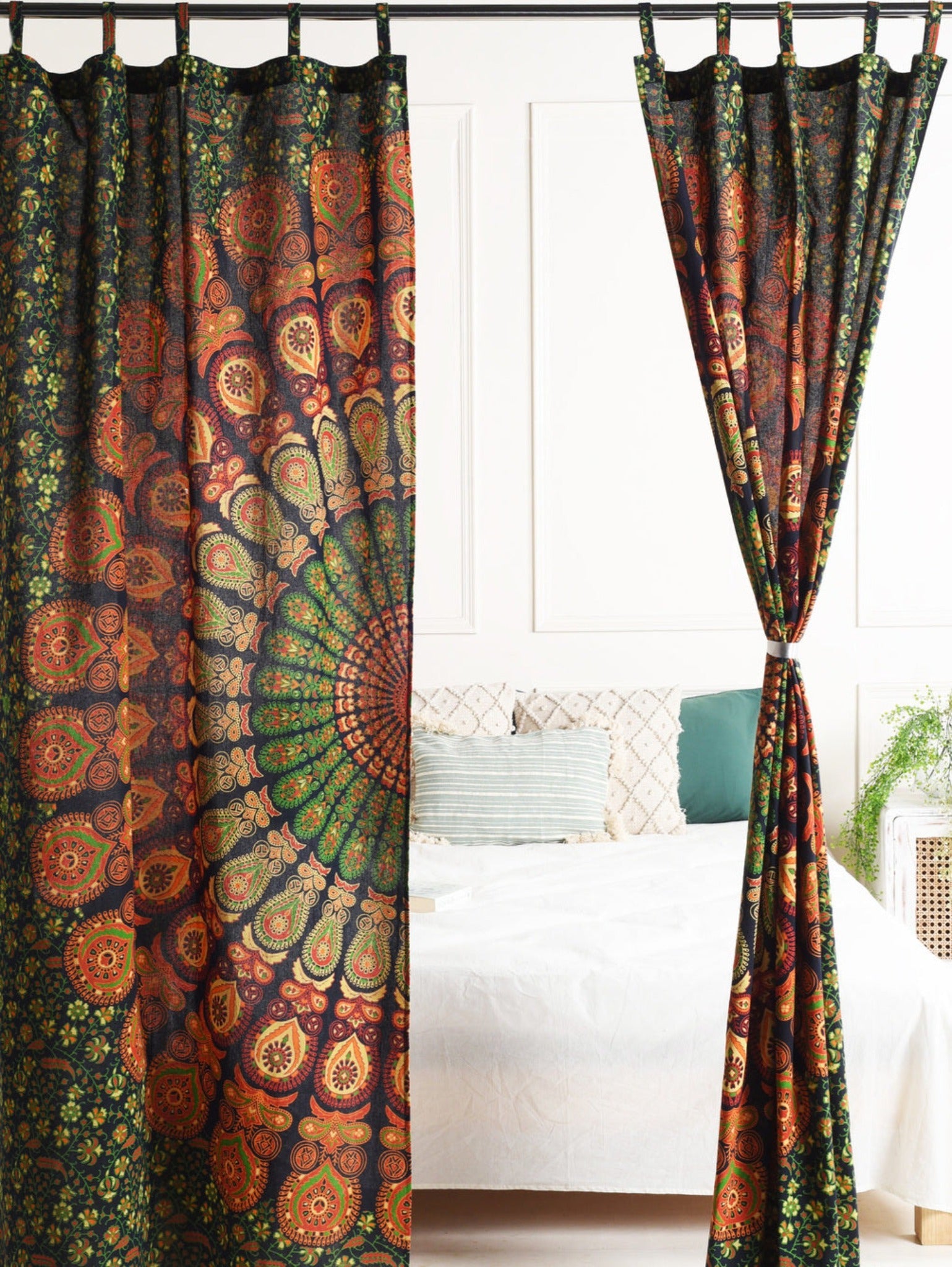 Green Peacock Pure Cotton Mandala Curtains - 2 Panel Set