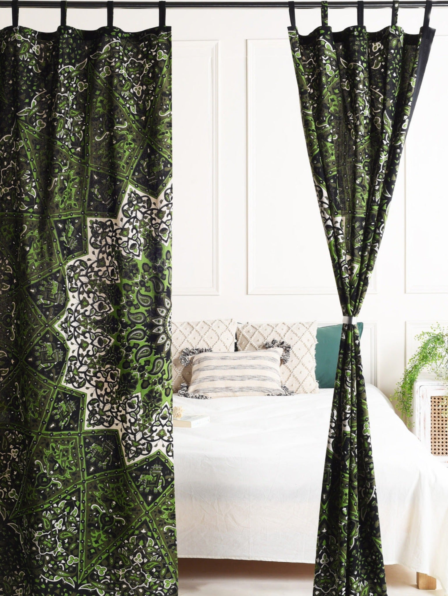 Green Lotus Pure Cotton Mandala Curtains - 2 Panel Set