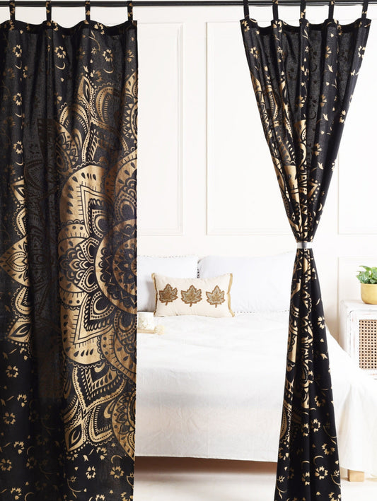Black and Gold Lotus Pure Cotton Mandala Curtains - 2 Panel Set