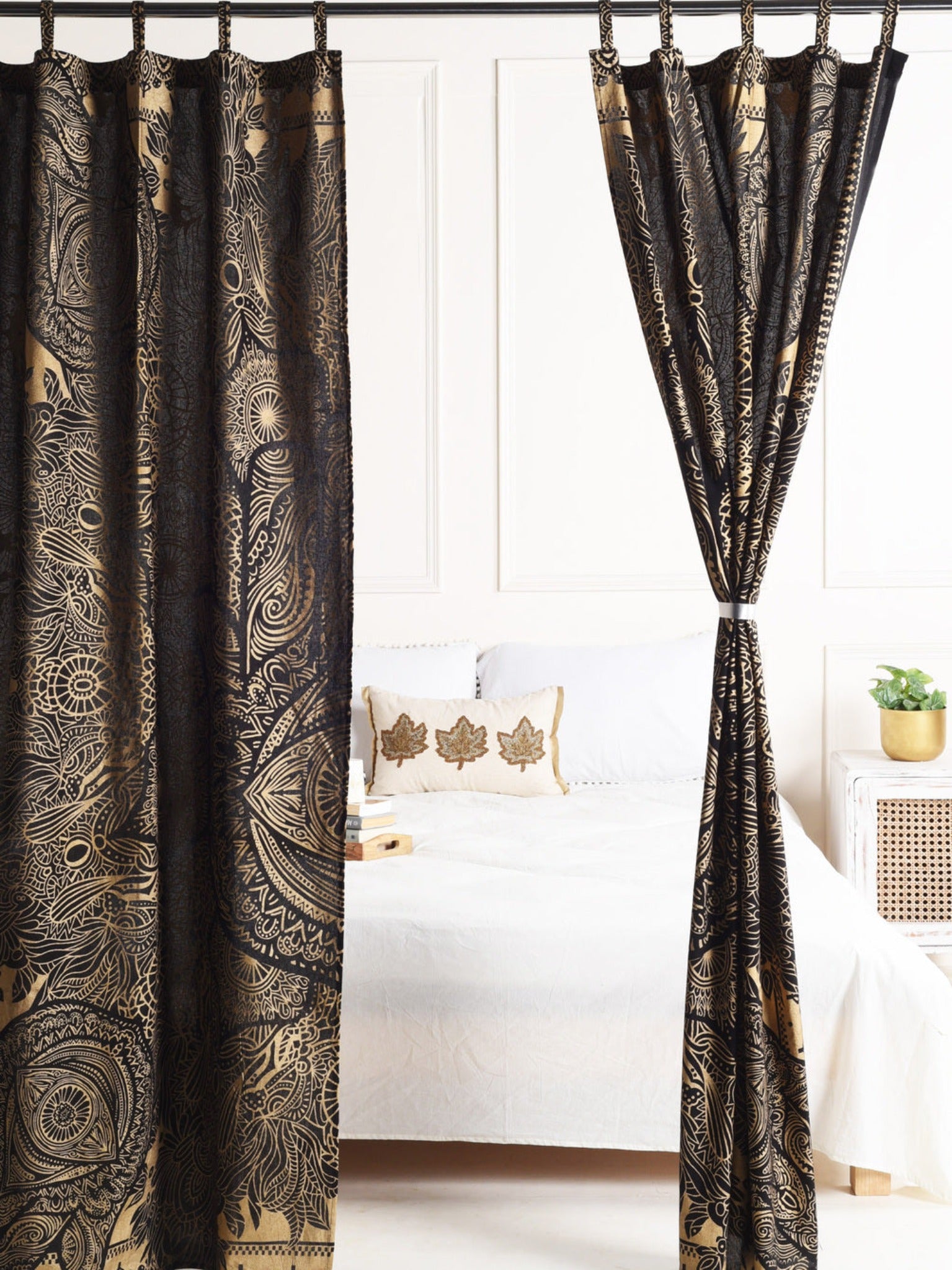 Black and Gold Abstract Pure Cotton Mandala Curtains - 2 Panel Set