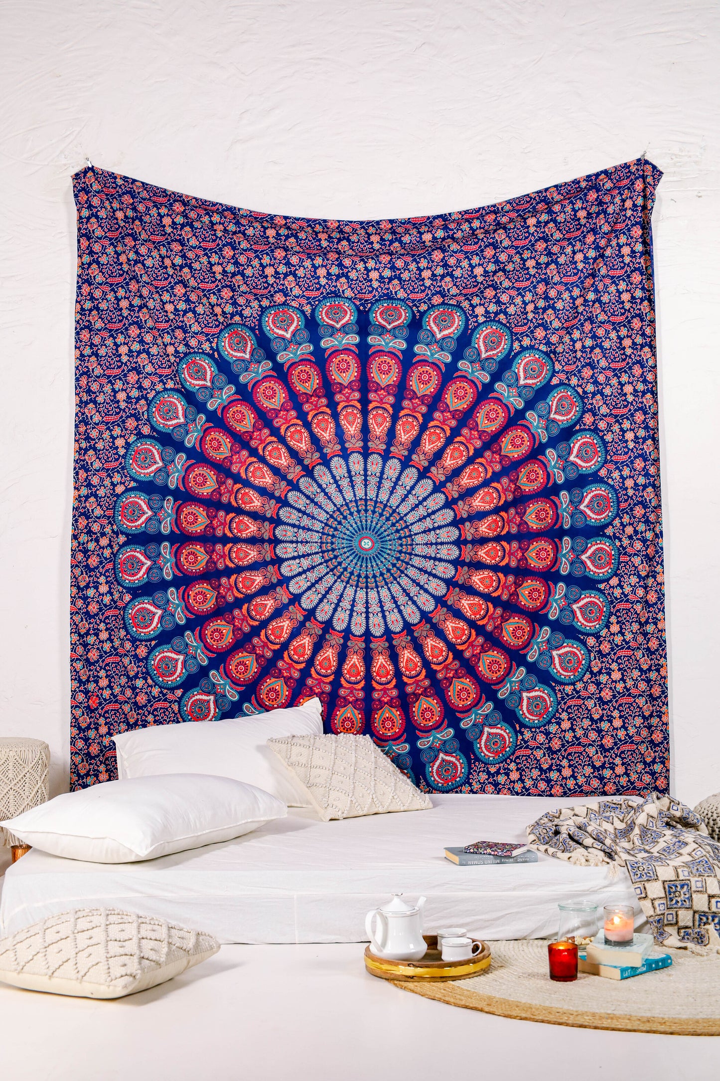 Blue and Red Peacock Ombre Tapestry