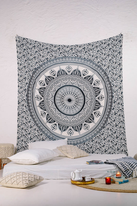 Black and White Lotus Mandala Ombre Tapestry