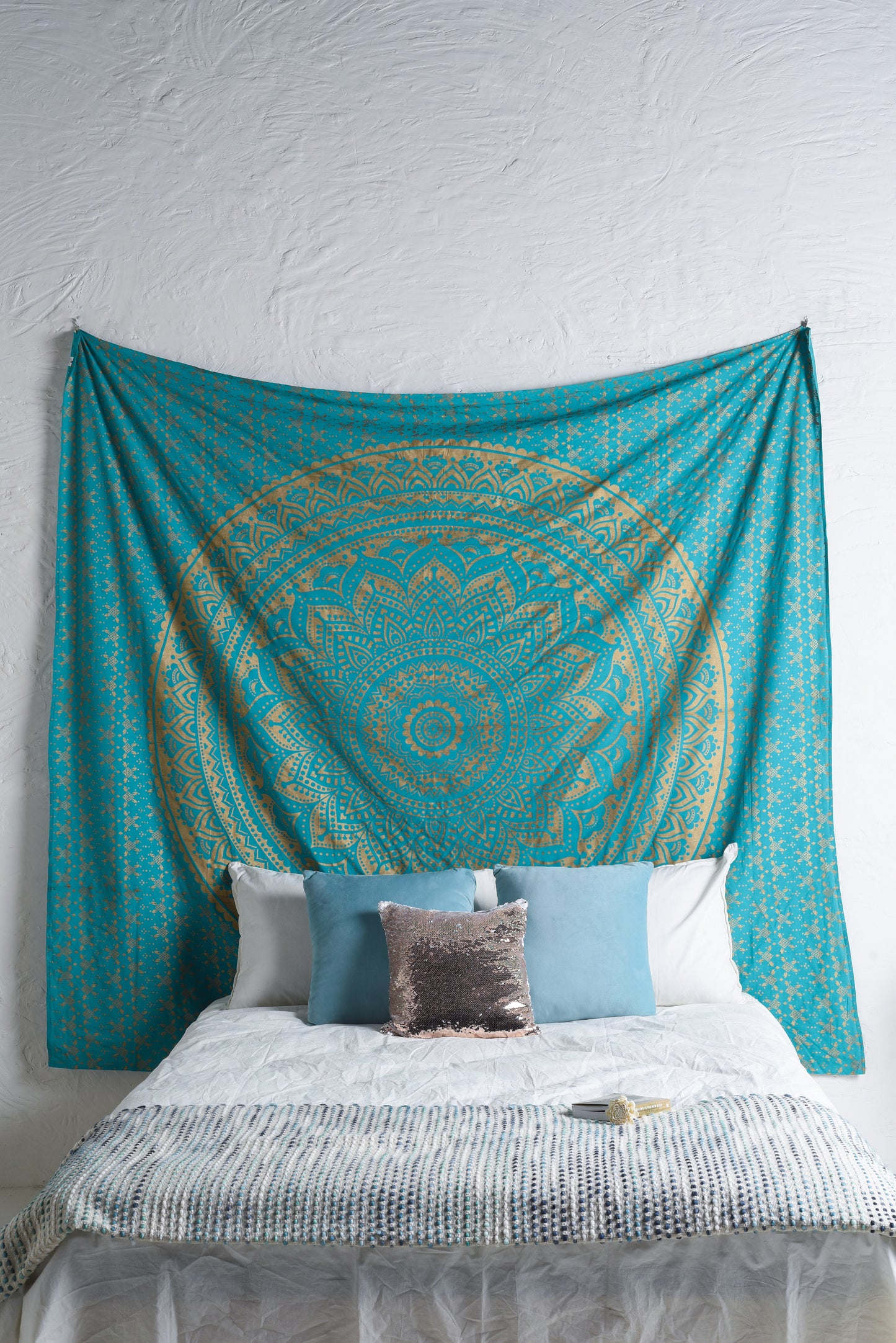 Turquoise and Gold Mandala Ombre Tapestry