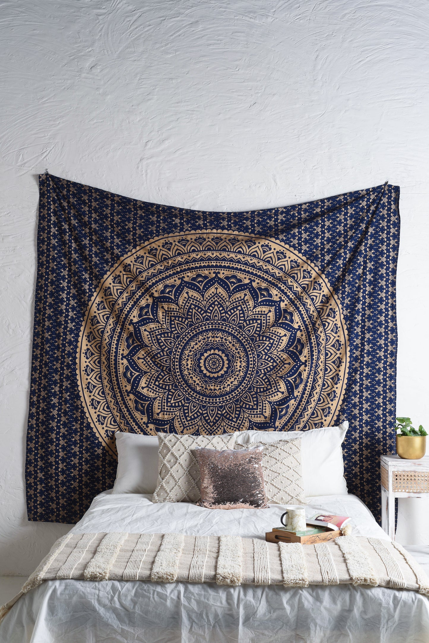 Blue and Gold Mandala Ombre Tapestry