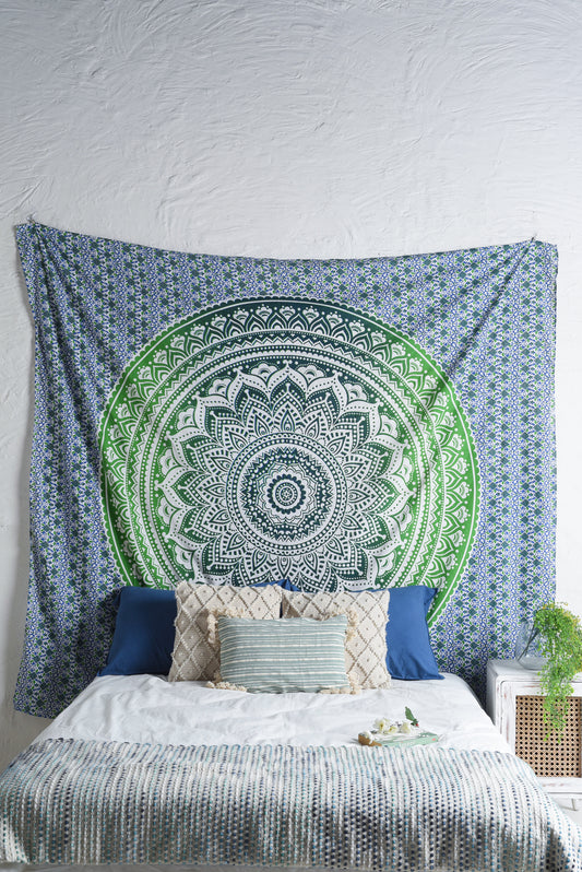 Green Lotus Mandala Ombre Tapestry