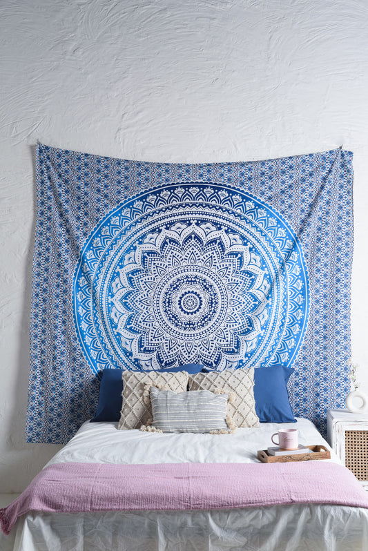 Sky Blue Lotus Mandala Ombre Tapestry