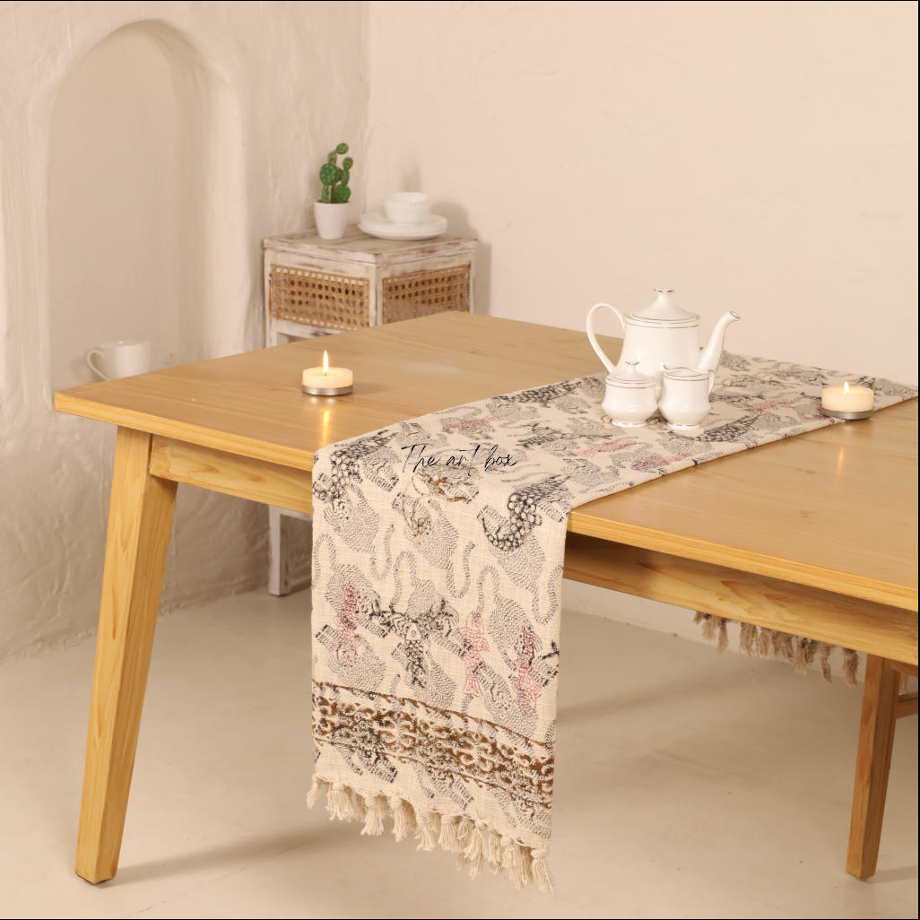 Beige Printed Cotton Table Runner