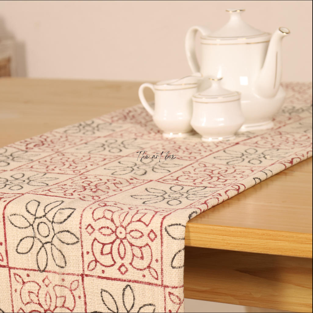 Beige Printed Cotton Table Runner