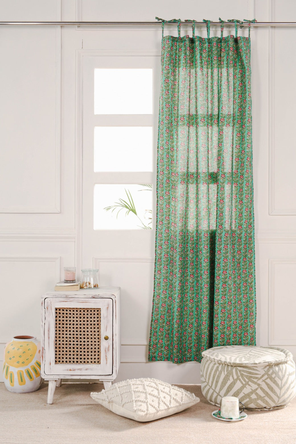 Green Ditsy Floral Printed Curtain 1 Panel Set