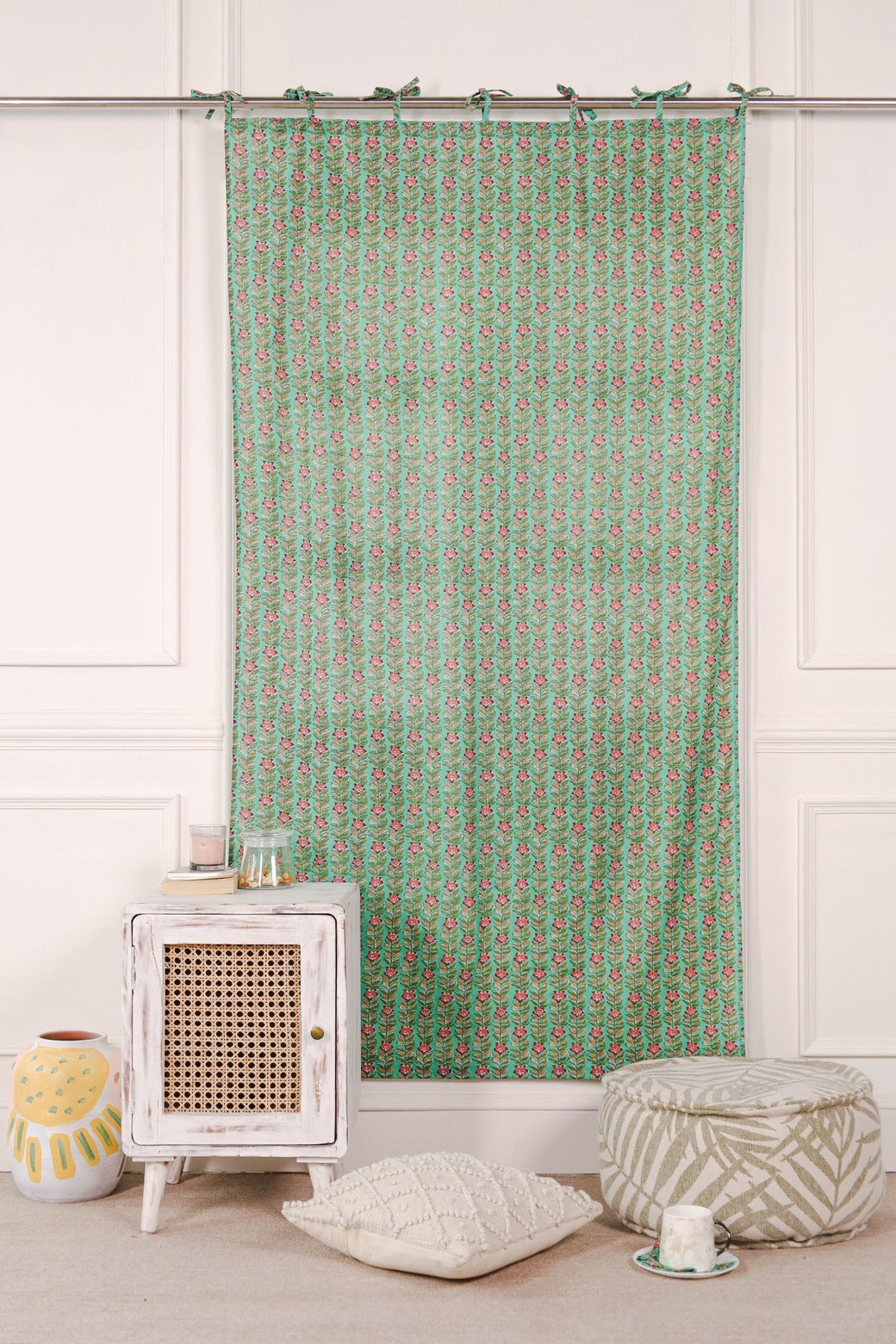 Green Ditsy Floral Printed Curtain 1 Panel Set