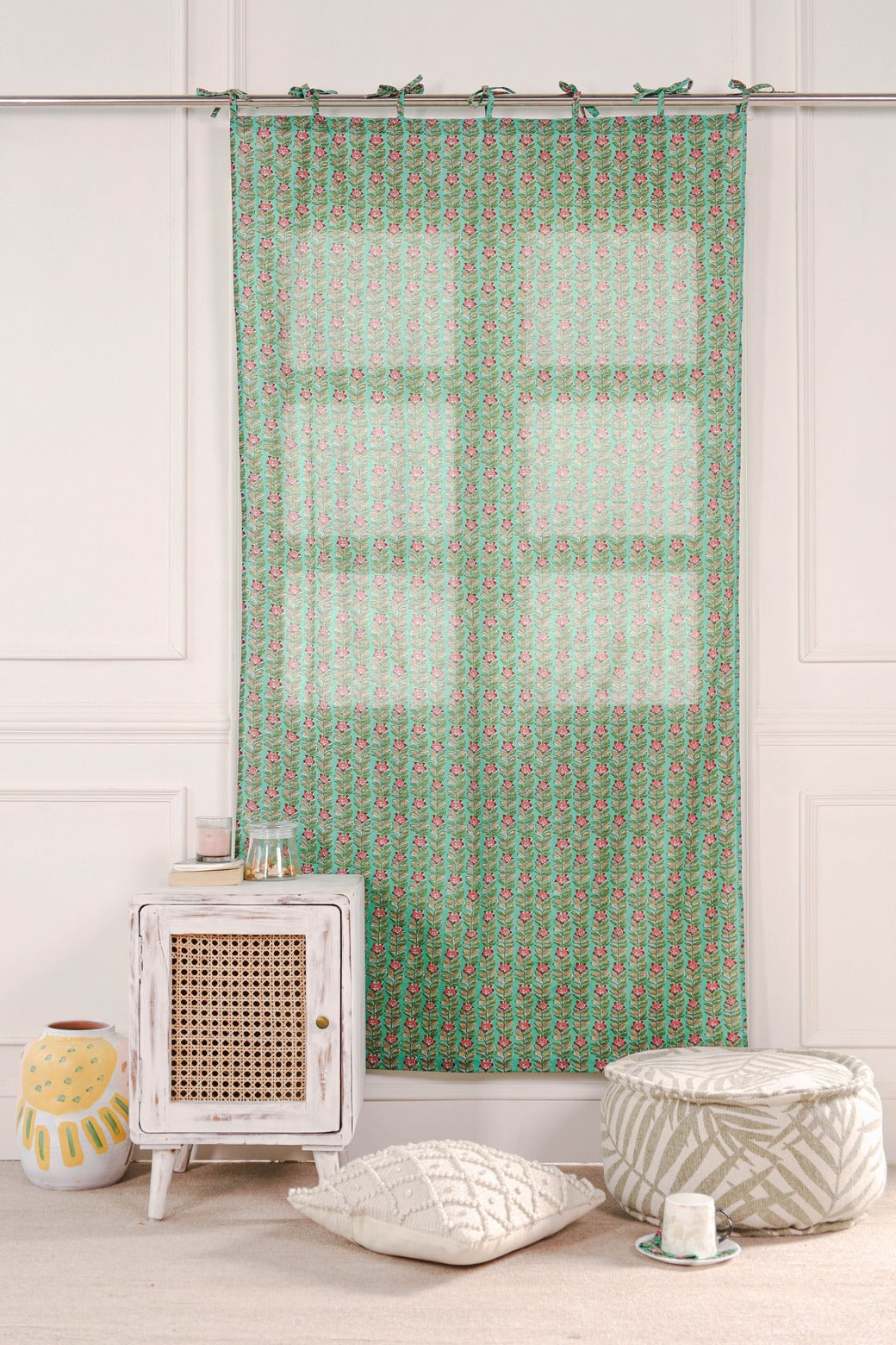 Green Ditsy Floral Printed Curtain 1 Panel Set