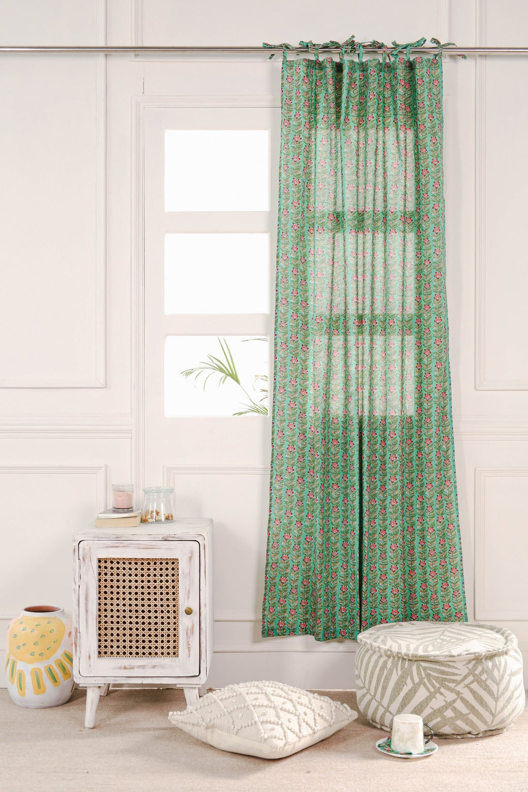 Green Ditsy Floral Printed Curtain 1 Panel Set