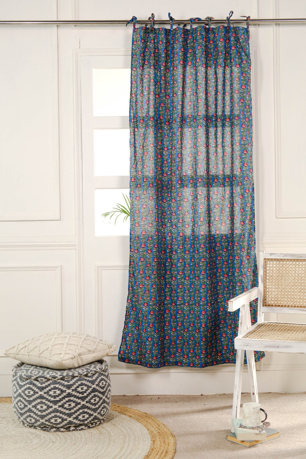 Deep Blue Ditsy Floral Printed Curtain
