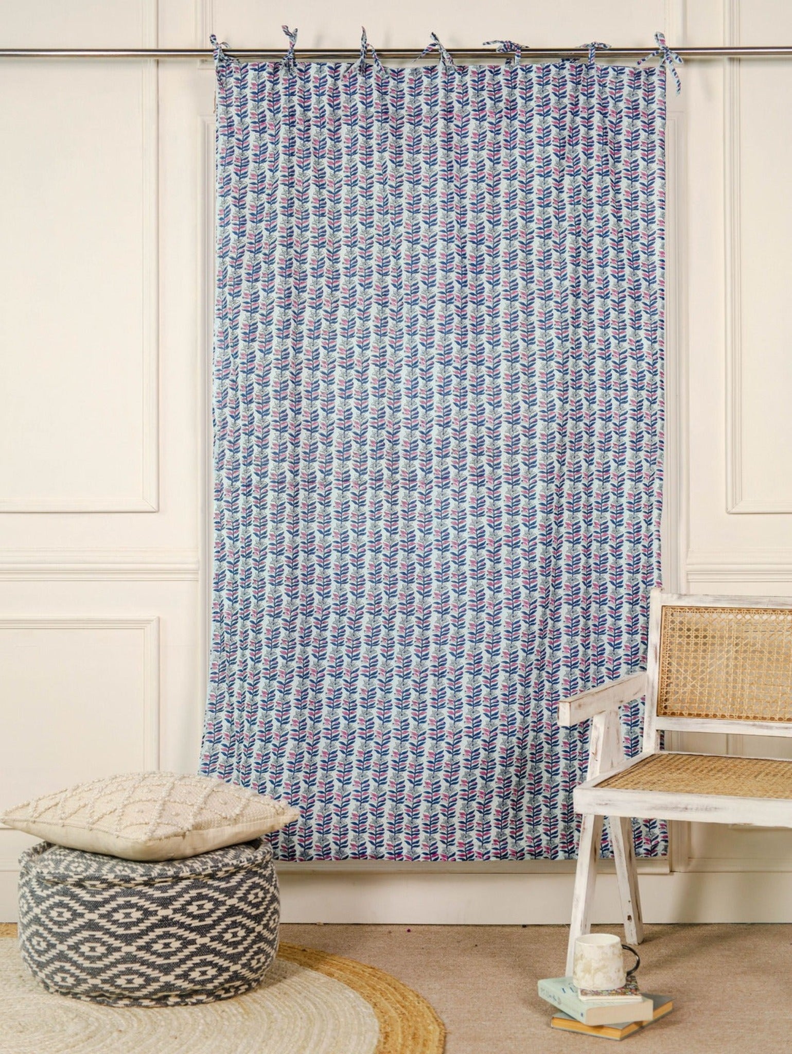 Blue Floral Printed Curtain 1 Panel Set