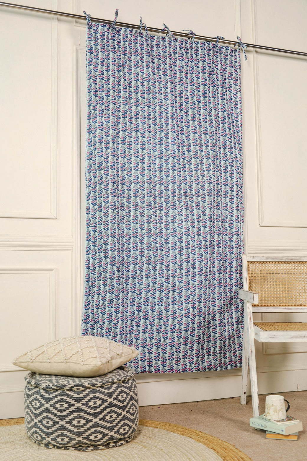 Blue Floral Printed Curtain 1 Panel Set