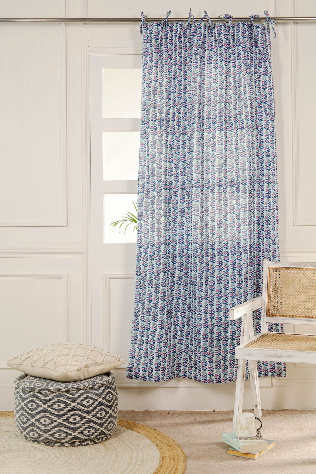 Blue Floral Printed Curtain 1 Panel Set