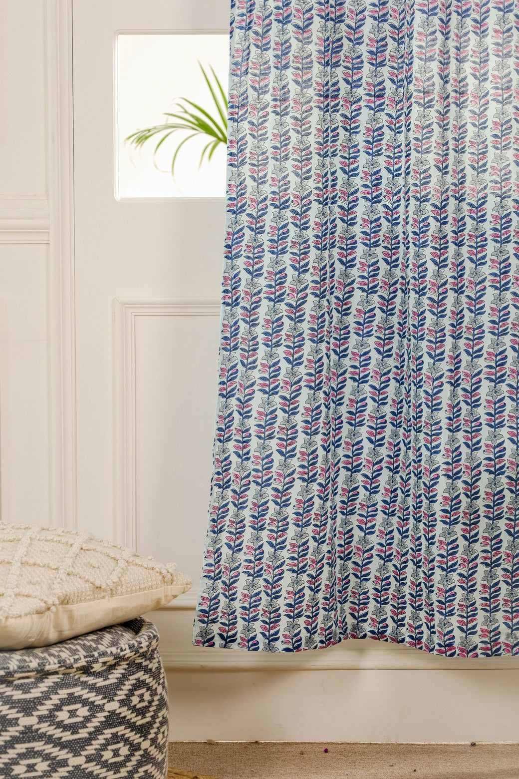 Blue Floral Printed Curtain 1 Panel Set