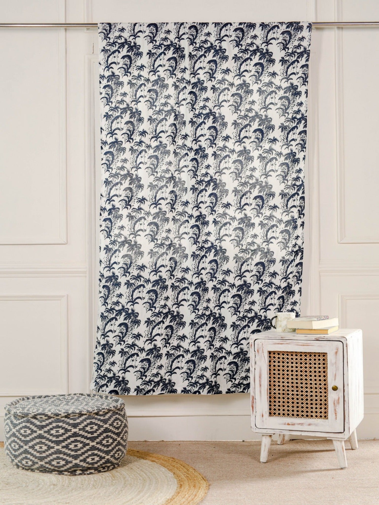 Blue Floral Printed Rod Pocket Curtain 1 Panel Set