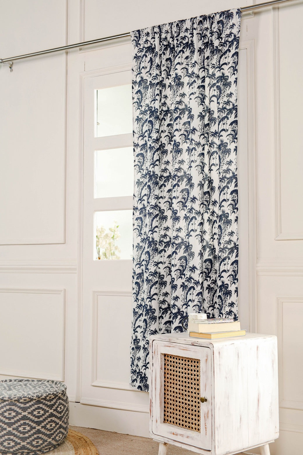 Blue Floral Printed Rod Pocket Curtain 1 Panel Set