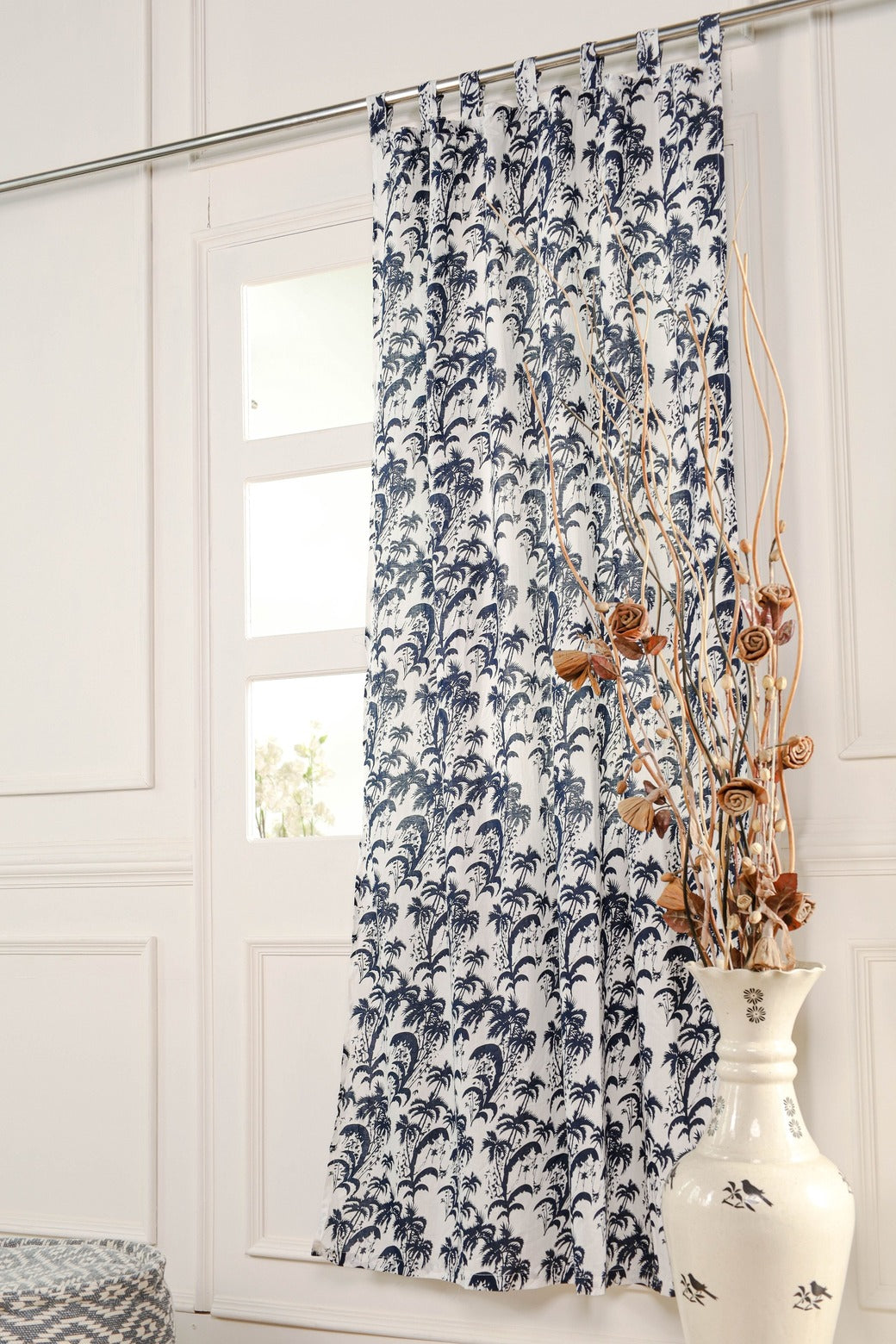 Blue Floral Printed Tab Top Curtain - 1 Panel Set