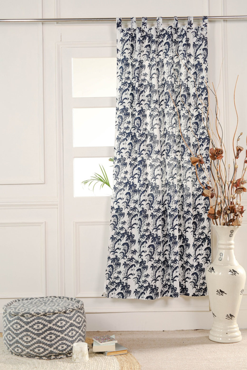 Blue Floral Printed Tab Top Curtain - 1 Panel Set