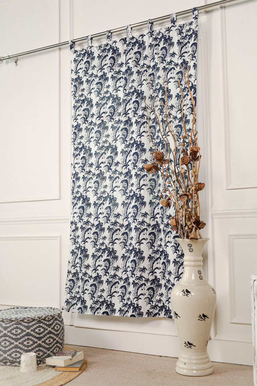 Blue Floral Printed Tab Top Curtain - 1 Panel Set