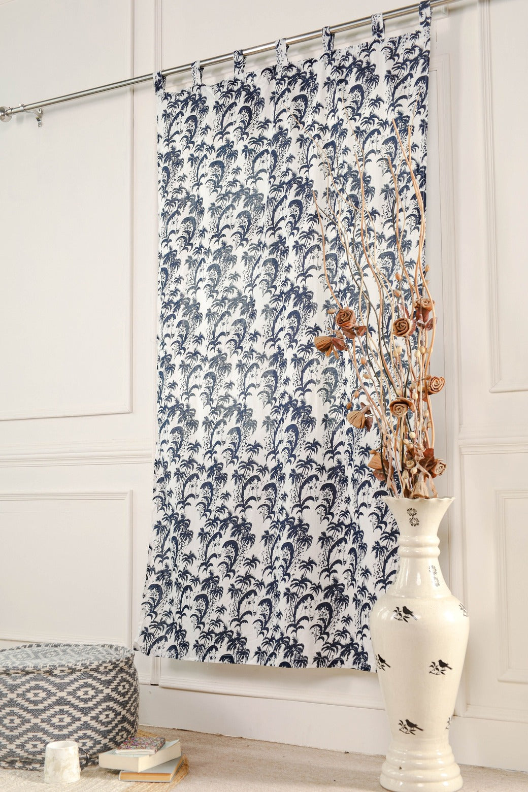 Blue Floral Printed Tab Top Curtain - 1 Panel Set