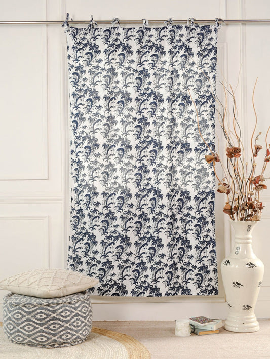 Blue Floral Printed Tie Top Curtain -1 Panel set