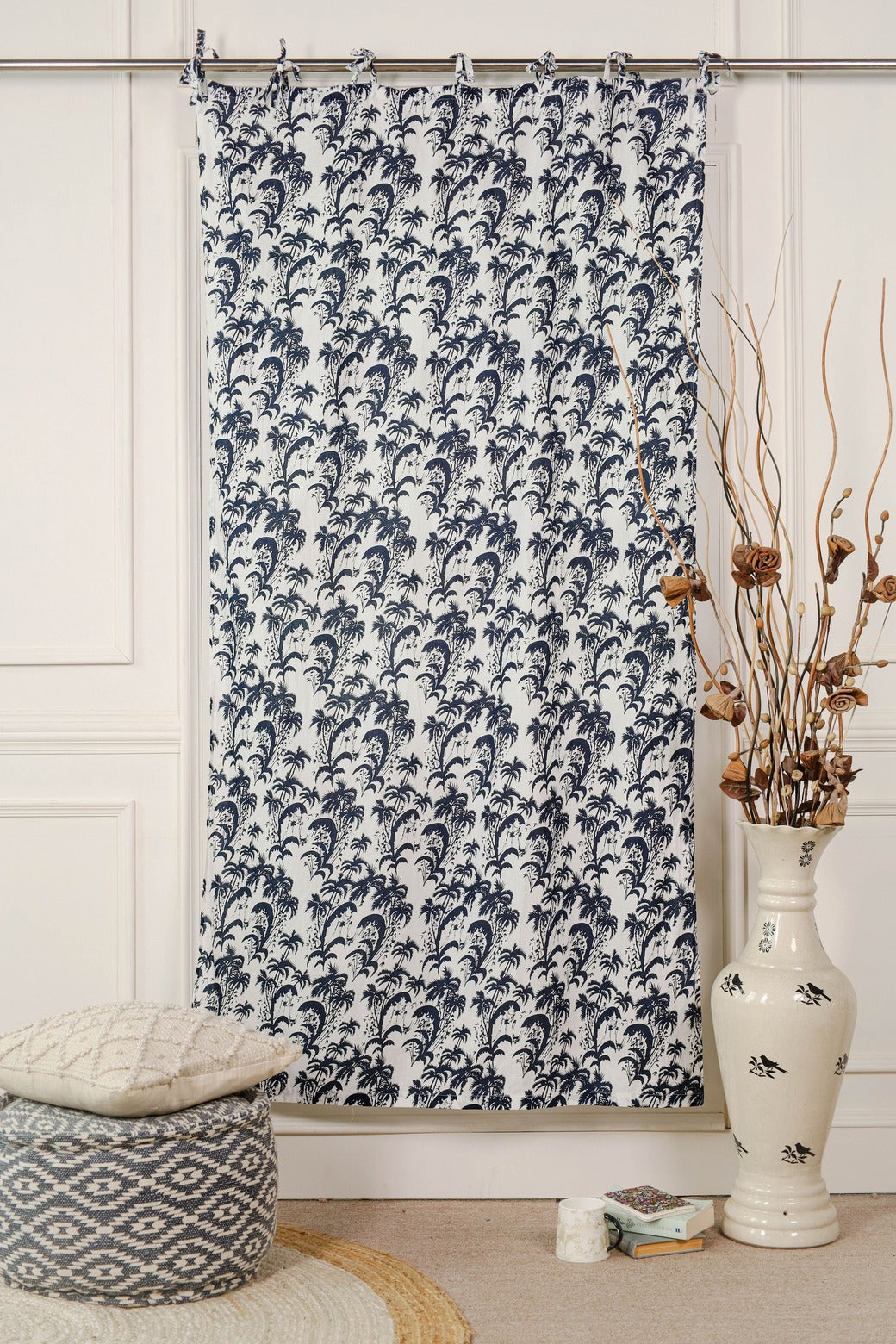 Blue Floral Printed Tie Top Curtain -1 Panel set