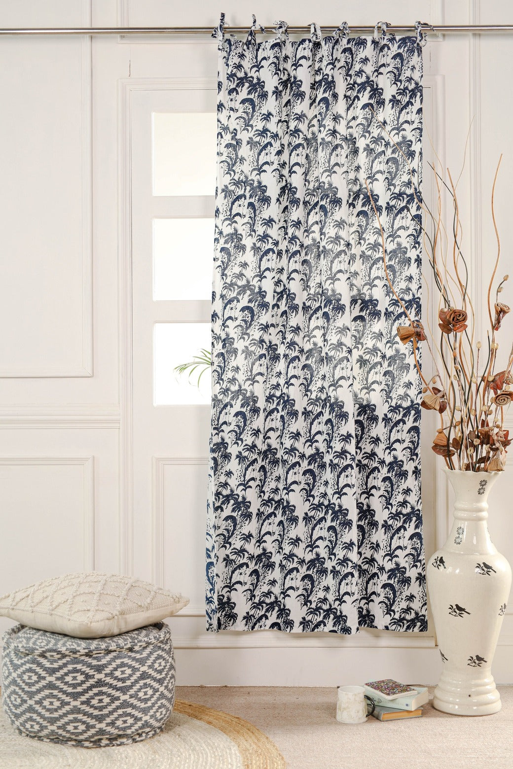 Blue Floral Printed Tie Top Curtain -1 Panel set