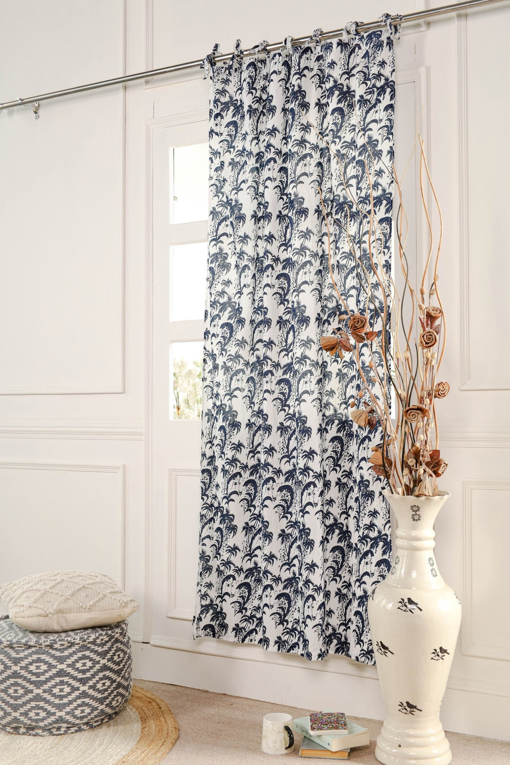 Blue Floral Printed Tie Top Curtain -1 Panel set