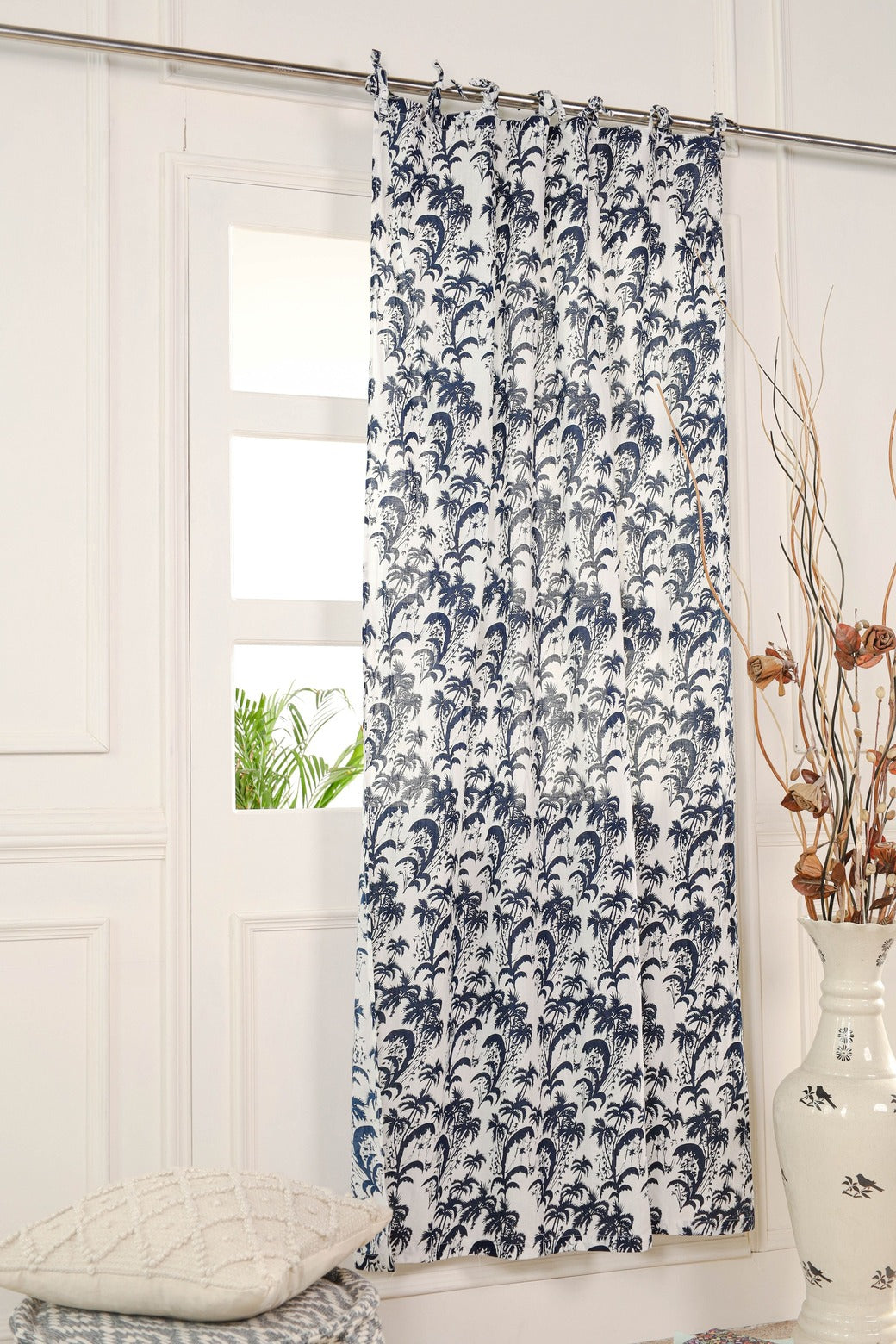 Blue Floral Printed Tie Top Curtain -1 Panel set