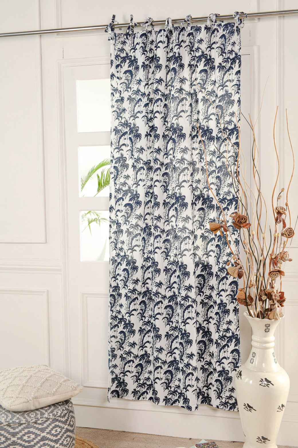 Blue Floral Printed Tie Top Curtain -1 Panel set