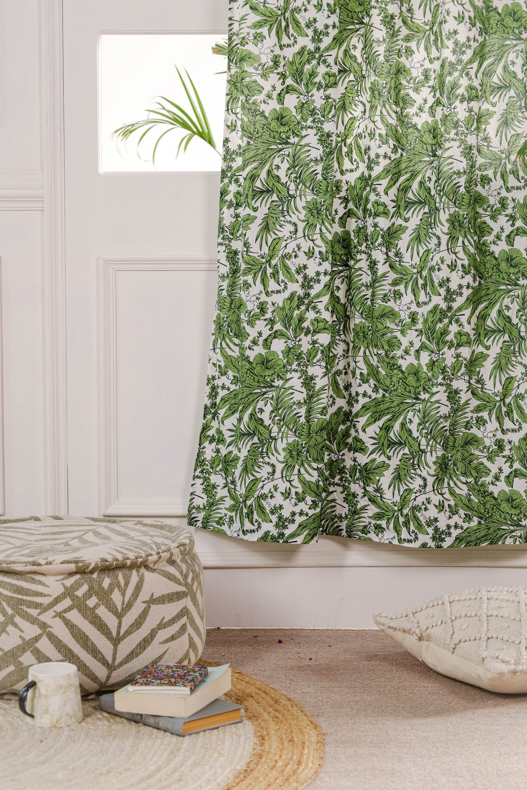 Green Floral Printed Curtain 1 Panel Set