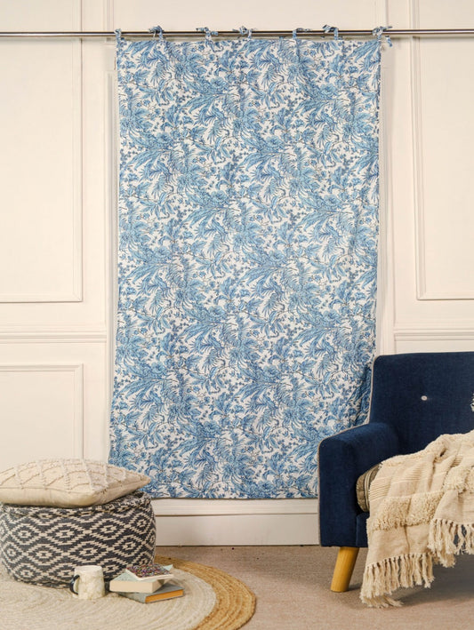 White and Blue Tropical Printed Curtain - 1 Panel Set