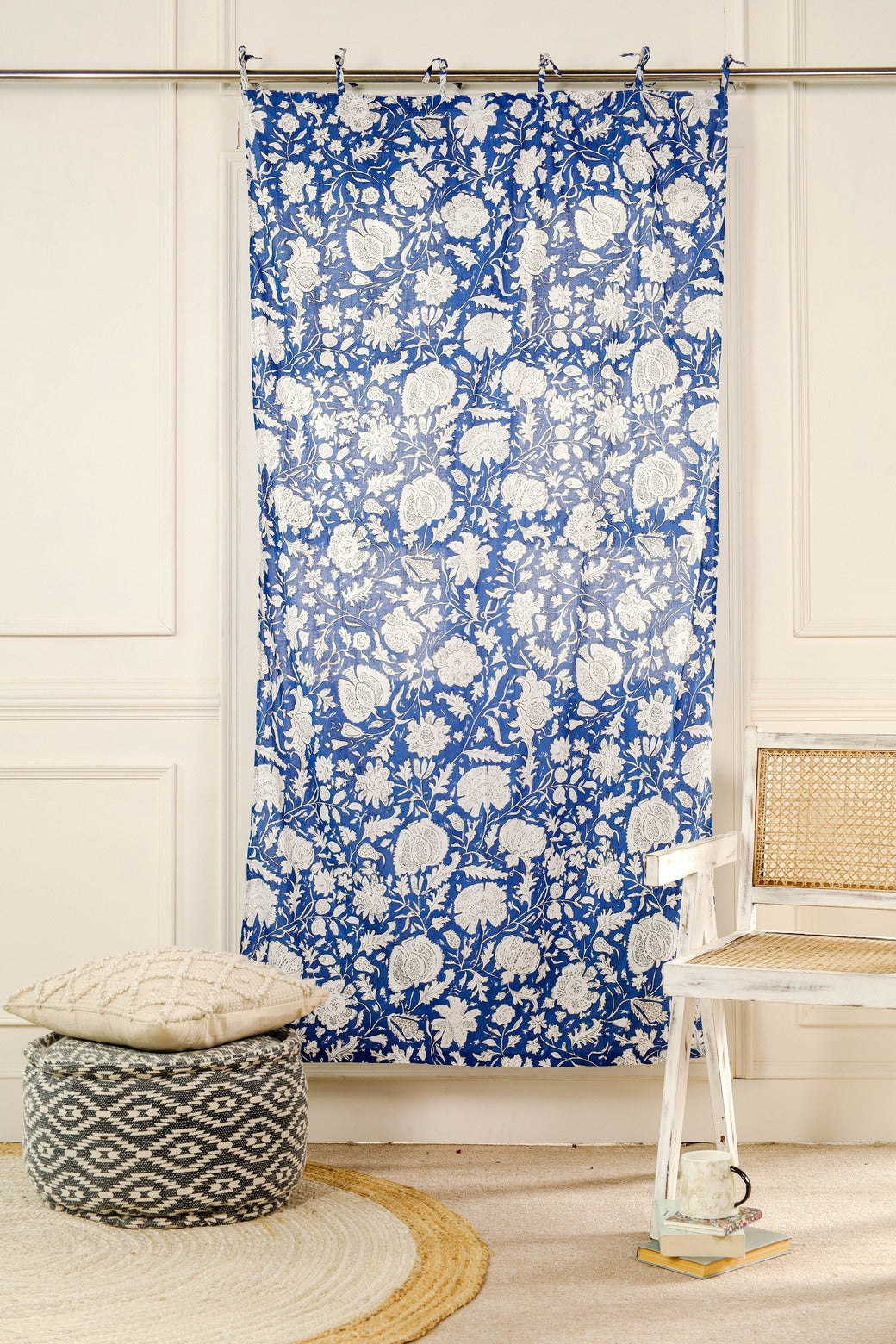 Blue and White Floral Printed Curtain - 1 Panel Set