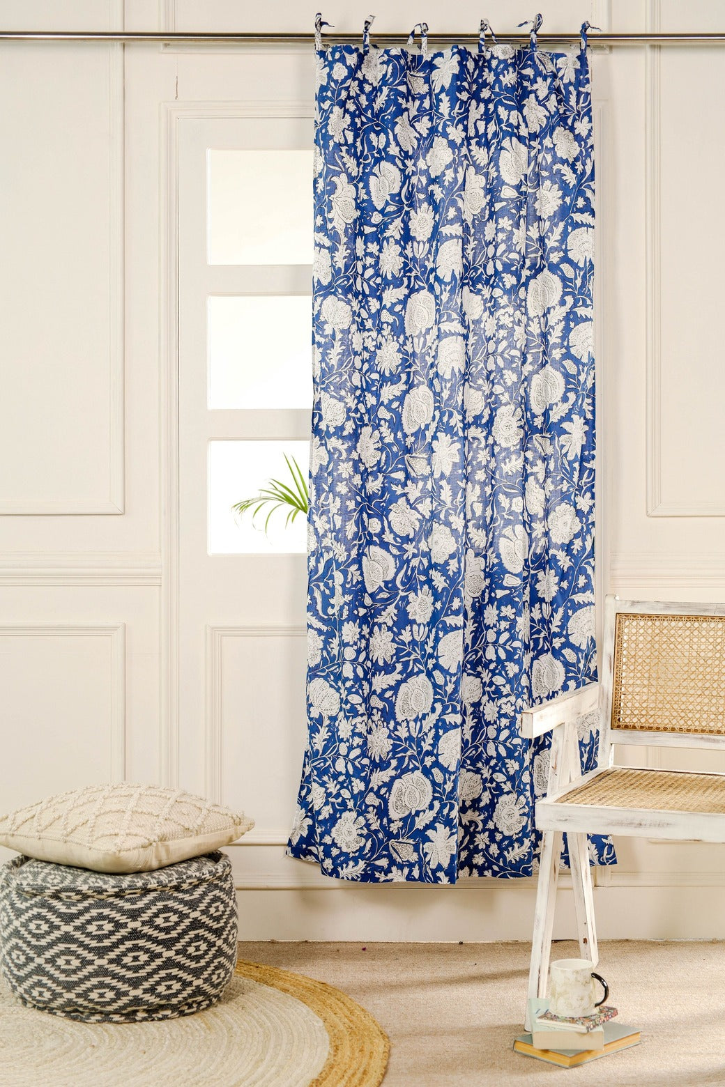 Blue and White Floral Printed Curtain - 1 Panel Set