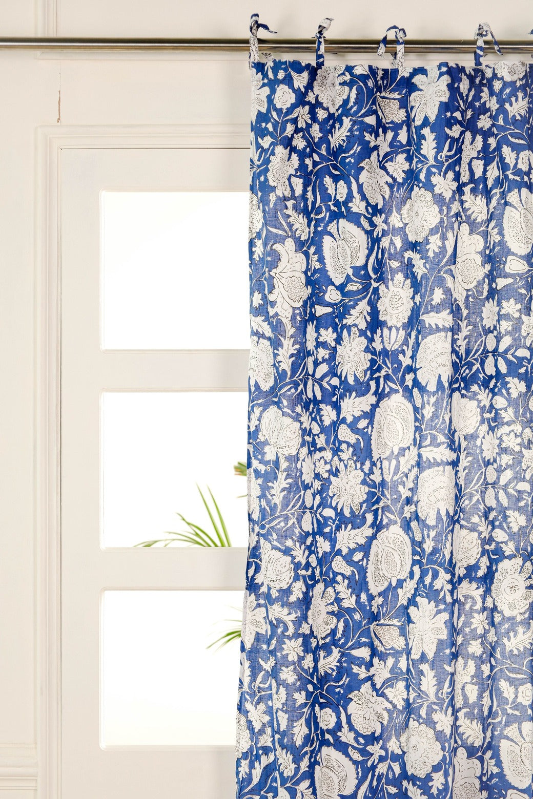 Blue and White Floral Printed Curtain - 1 Panel Set